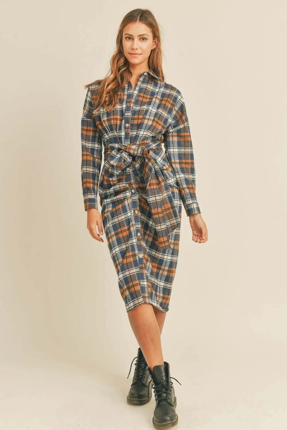 Plaid Flannel Front Tie Shirt Dress