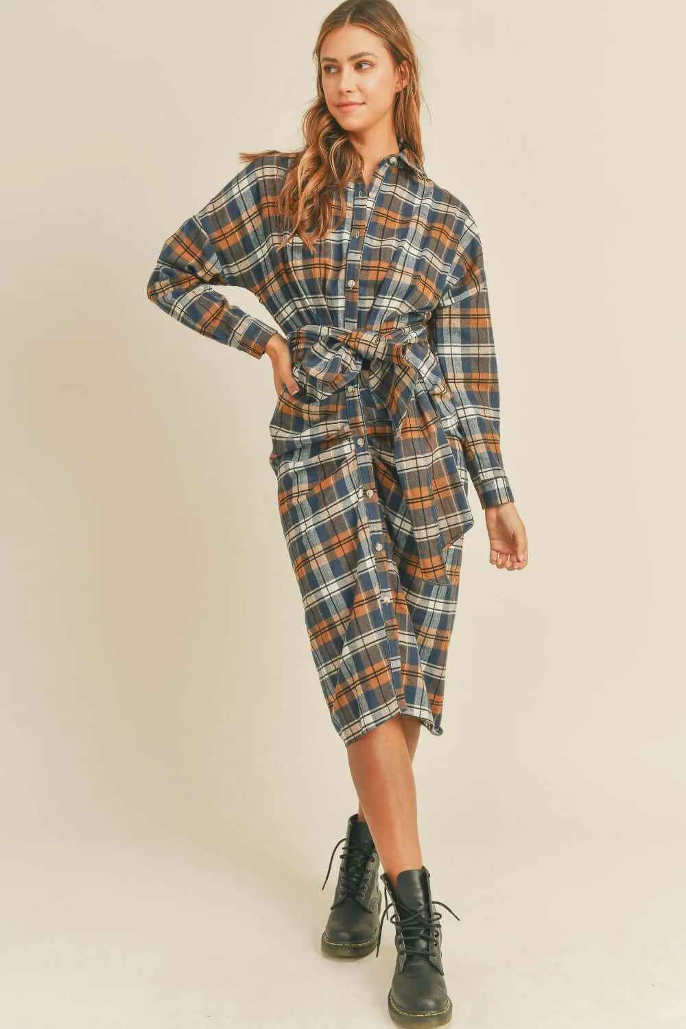 Plaid Flannel Front Tie Shirt Dress