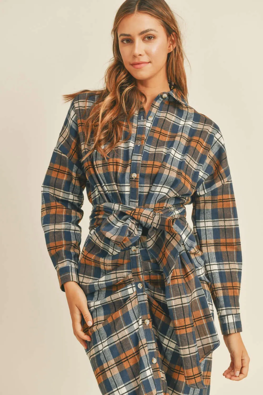 Plaid Flannel Front Tie Shirt Dress