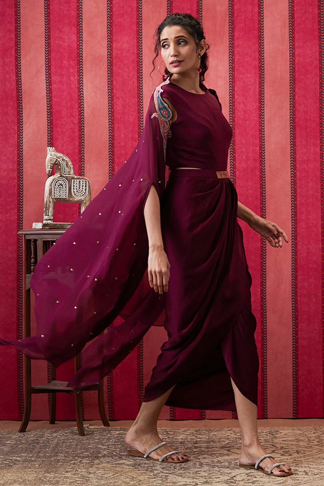 Qala Drape dress With Printed Applique Cape