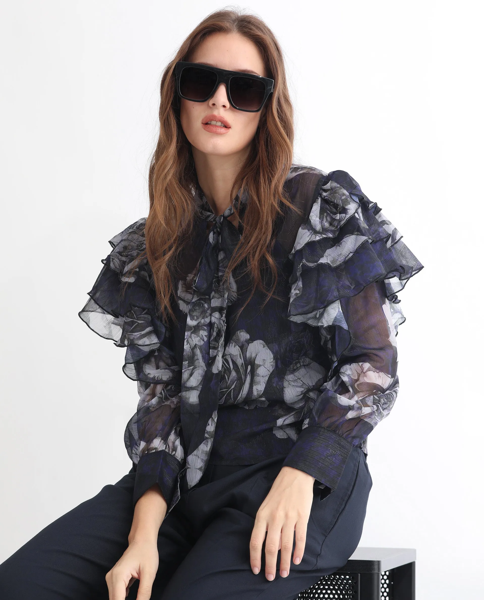 Rareism Women Ayka Dusky Purple Polyester Fabric Full Sleeves V-Neck Cuffed Sleeve Regular Fit Floral Print Blouse Top