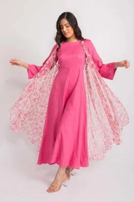 Rossa Pink Silk Jumpsuit & Chiffon Cape Set