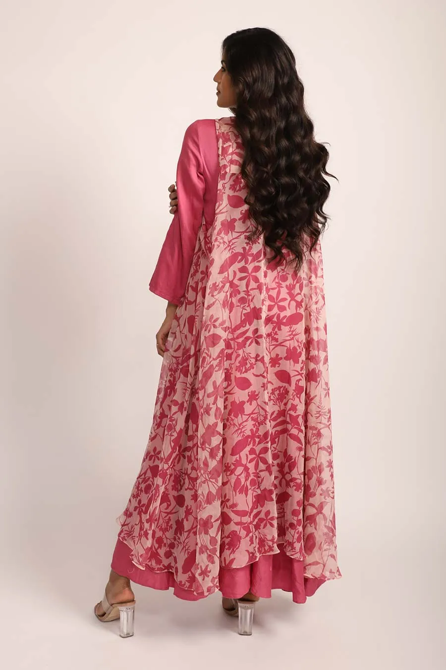 Rossa Pink Silk Jumpsuit & Chiffon Cape Set