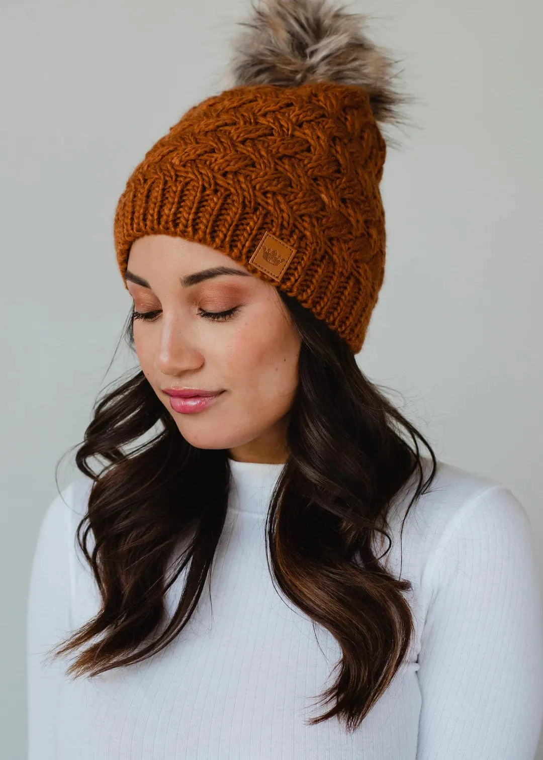 Rust Knit POM Beanie Hat