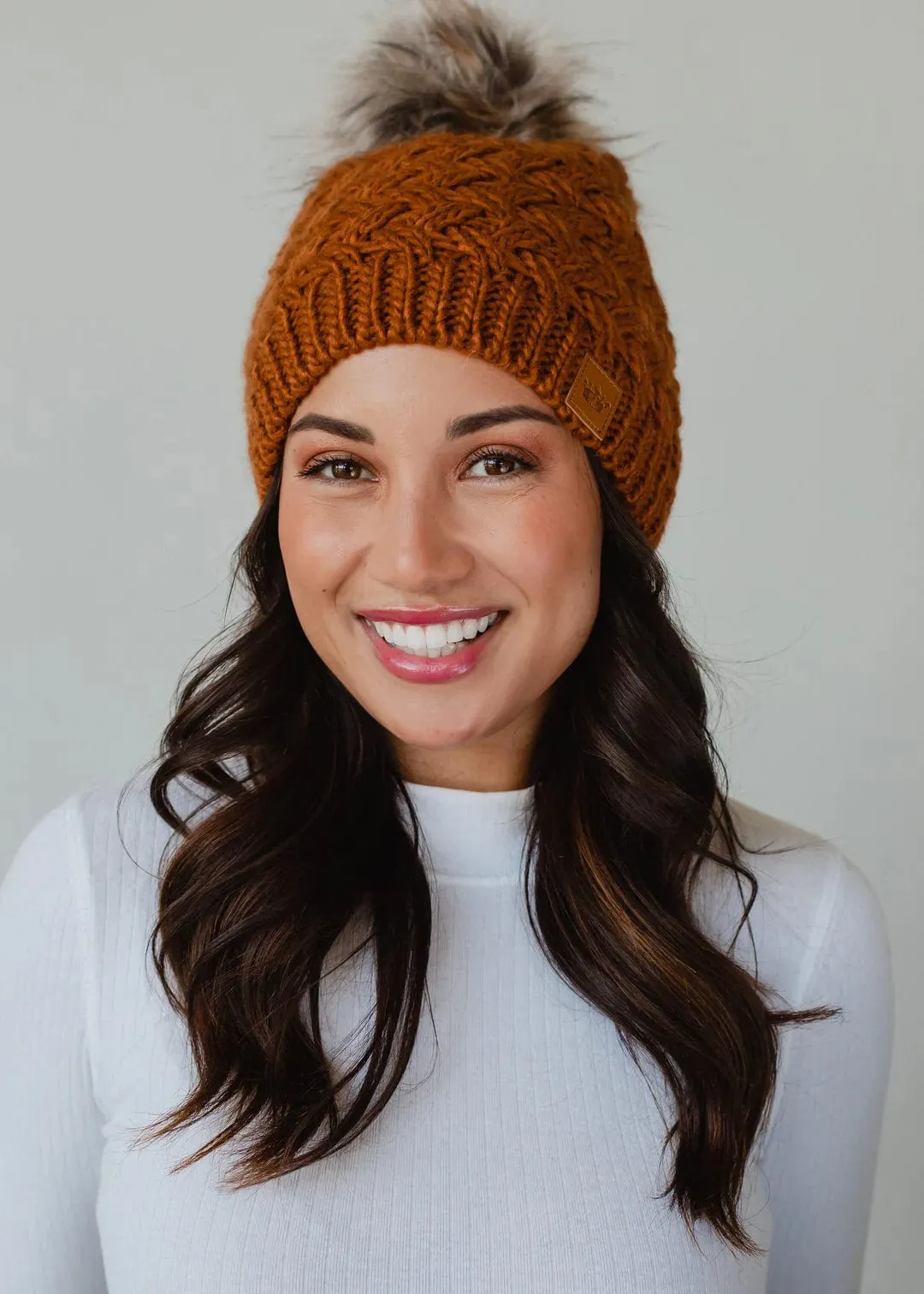 Rust Knit POM Beanie Hat