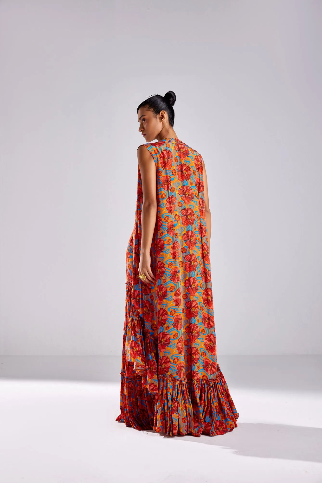 RUST STRIPE PRINT GHARARA PANTS AND SHORT-LONG CAPE