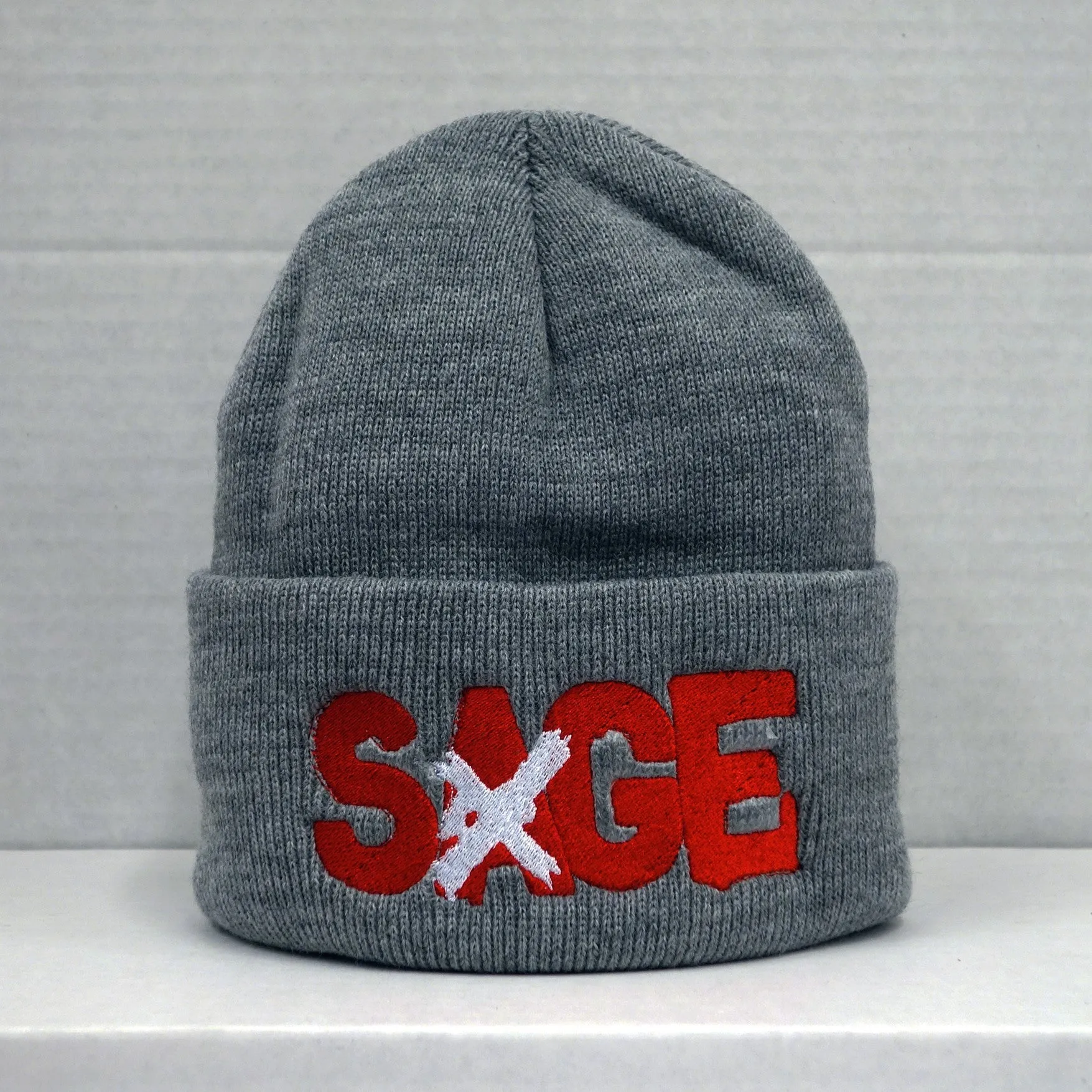 SAGE FRANCIS 'A Healthy Distrust' RED-on-GREY Folded Brim Knit Hat