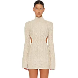 Sexy Apricot High Neck Fisherman Cable Knit Cutout Sweater Mini Dress