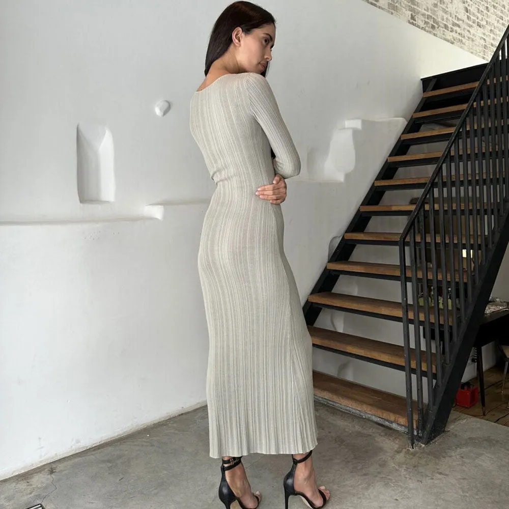 Sexy Crew Neck Long Sleeve Ribbed Knit Bodycon Sweater Maxi Dress