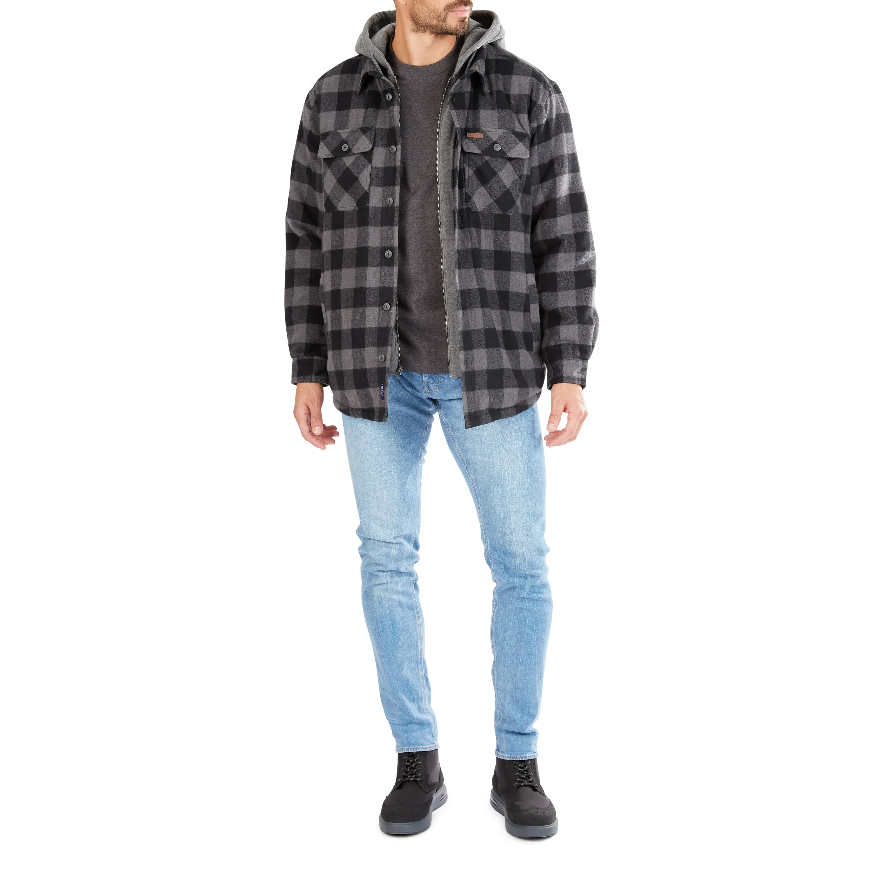 SHERPA-LINED HOODED FLANNEL SHIRT-JACKET