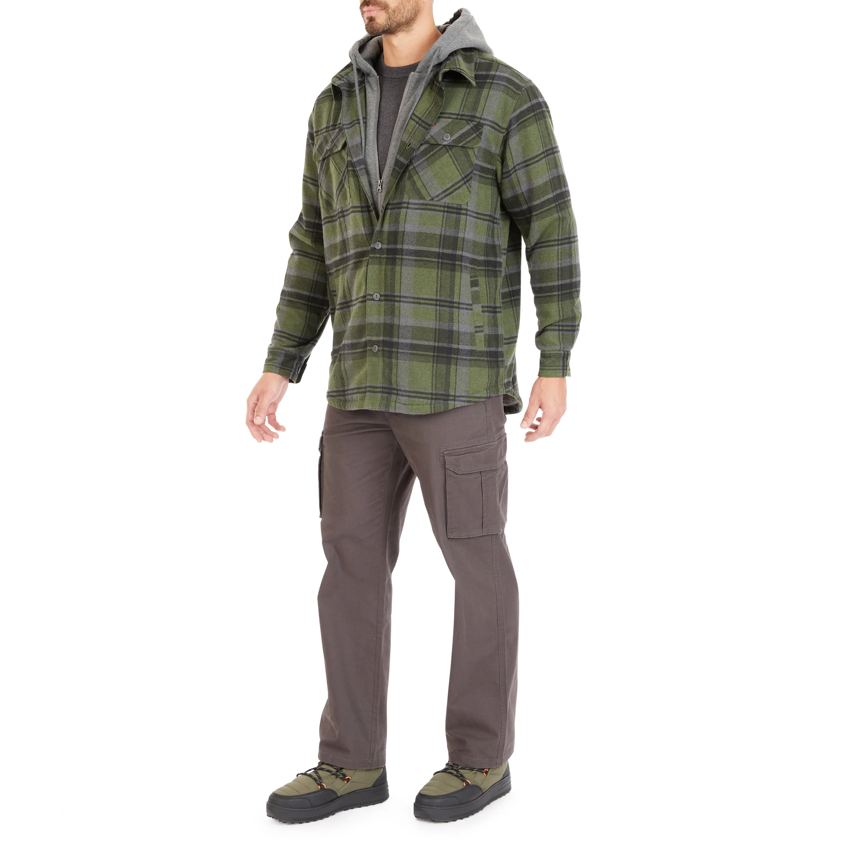 SHERPA-LINED HOODED FLANNEL SHIRT-JACKET