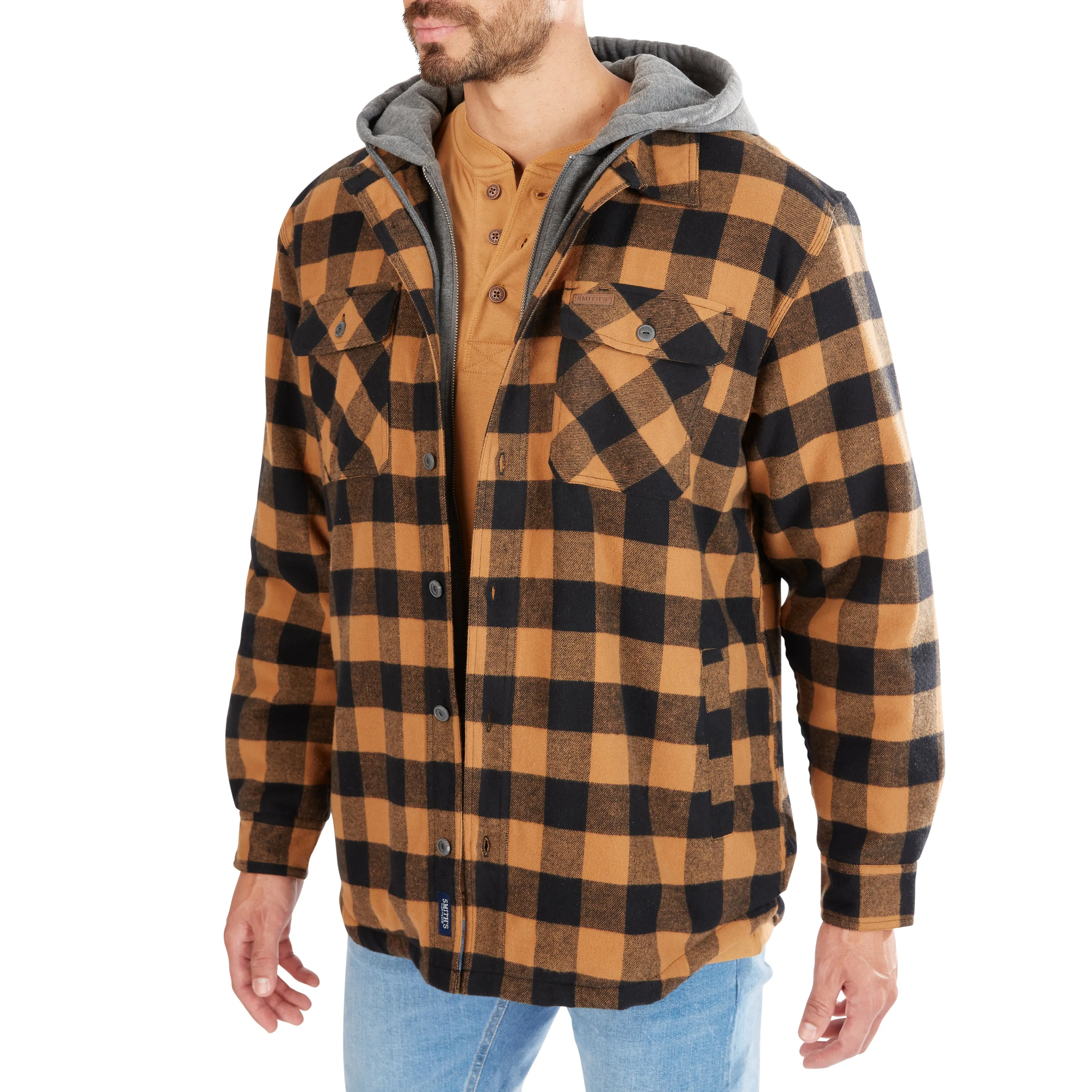 SHERPA-LINED HOODED FLANNEL SHIRT-JACKET