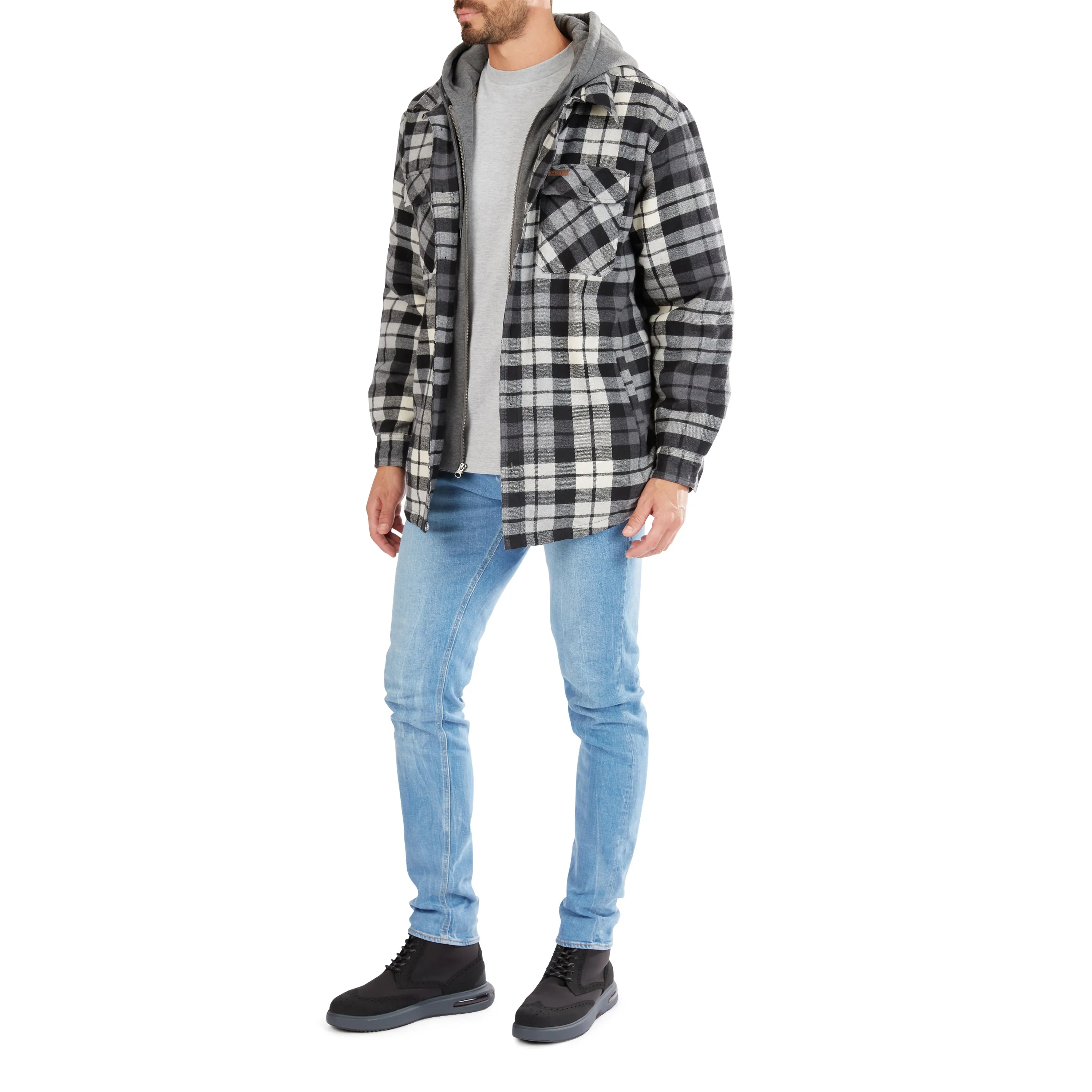 SHERPA-LINED HOODED FLANNEL SHIRT-JACKET