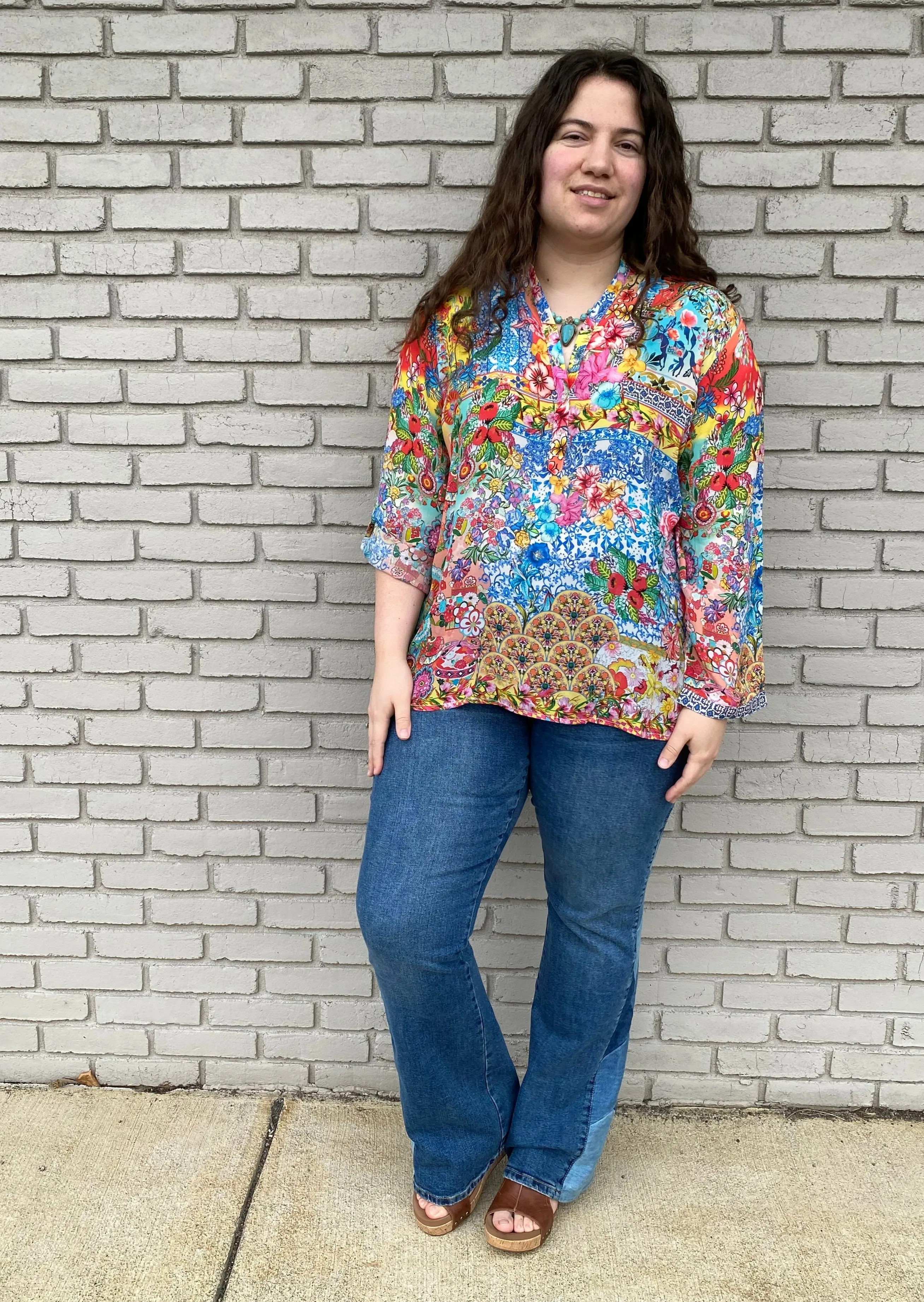 Silk Floral Print Henley Shirt  #437