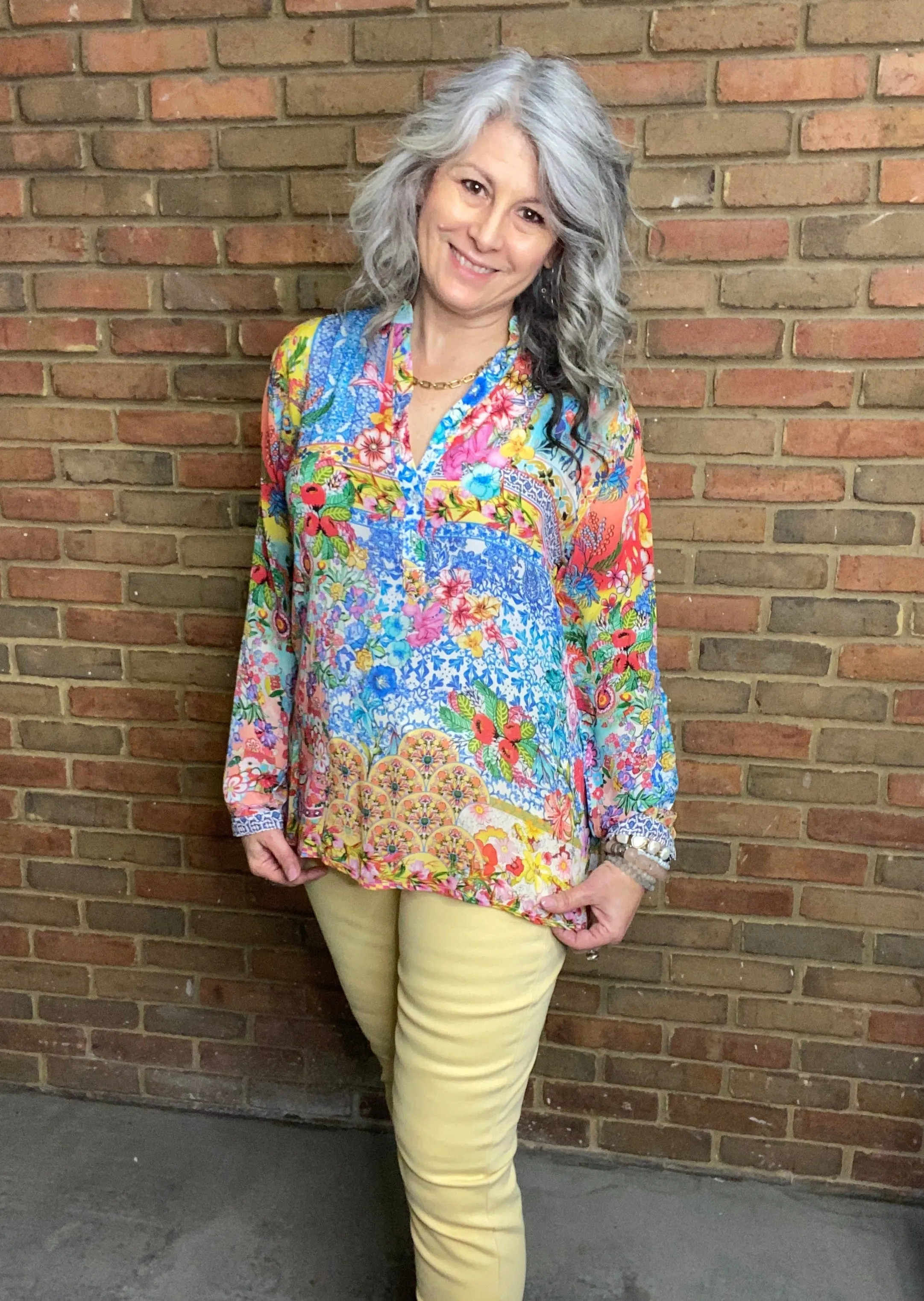 Silk Floral Print Henley Shirt  #437