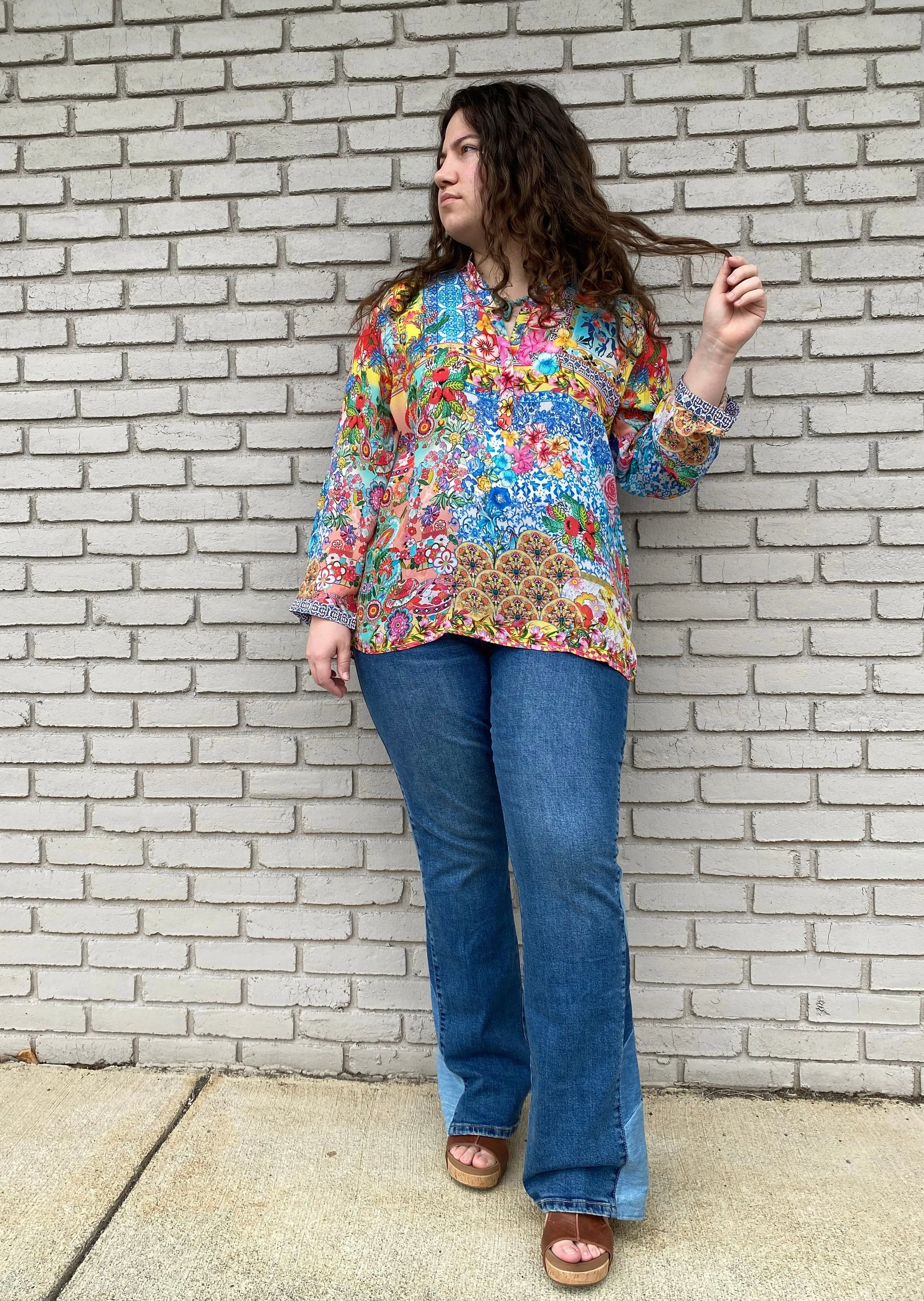 Silk Floral Print Henley Shirt  #437