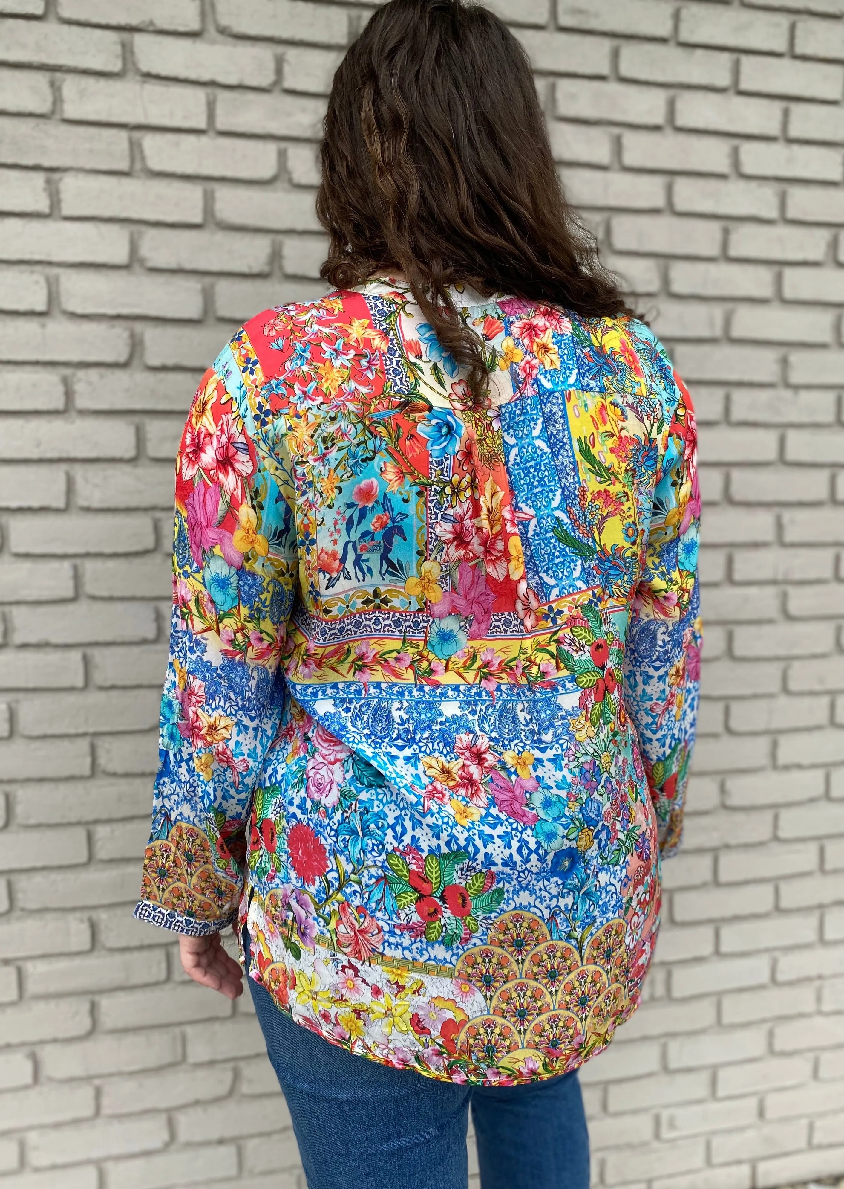 Silk Floral Print Henley Shirt  #437