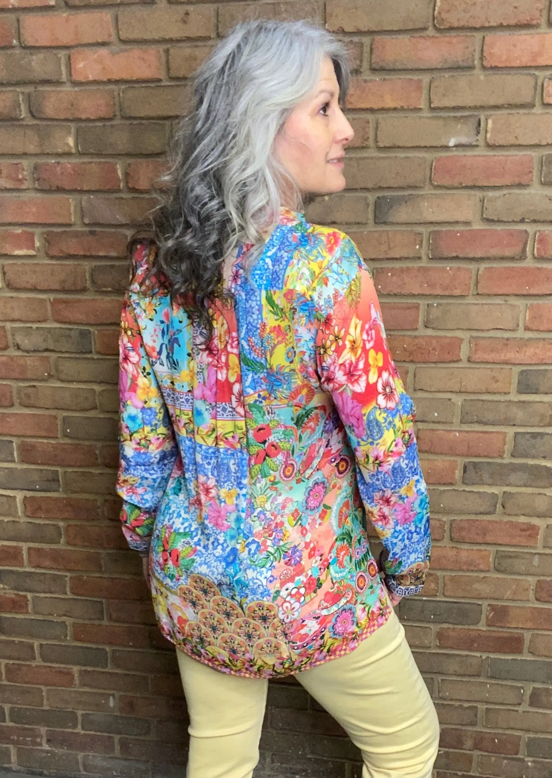 Silk Floral Print Henley Shirt  #437