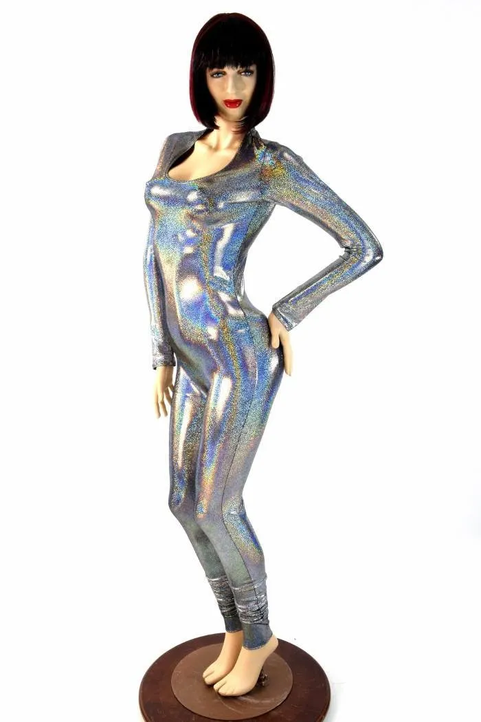 Silver Holographic Long Sleeve Catsuit