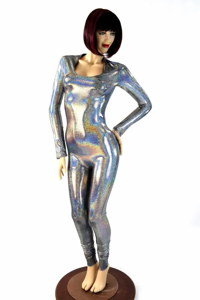 Silver Holographic Long Sleeve Catsuit