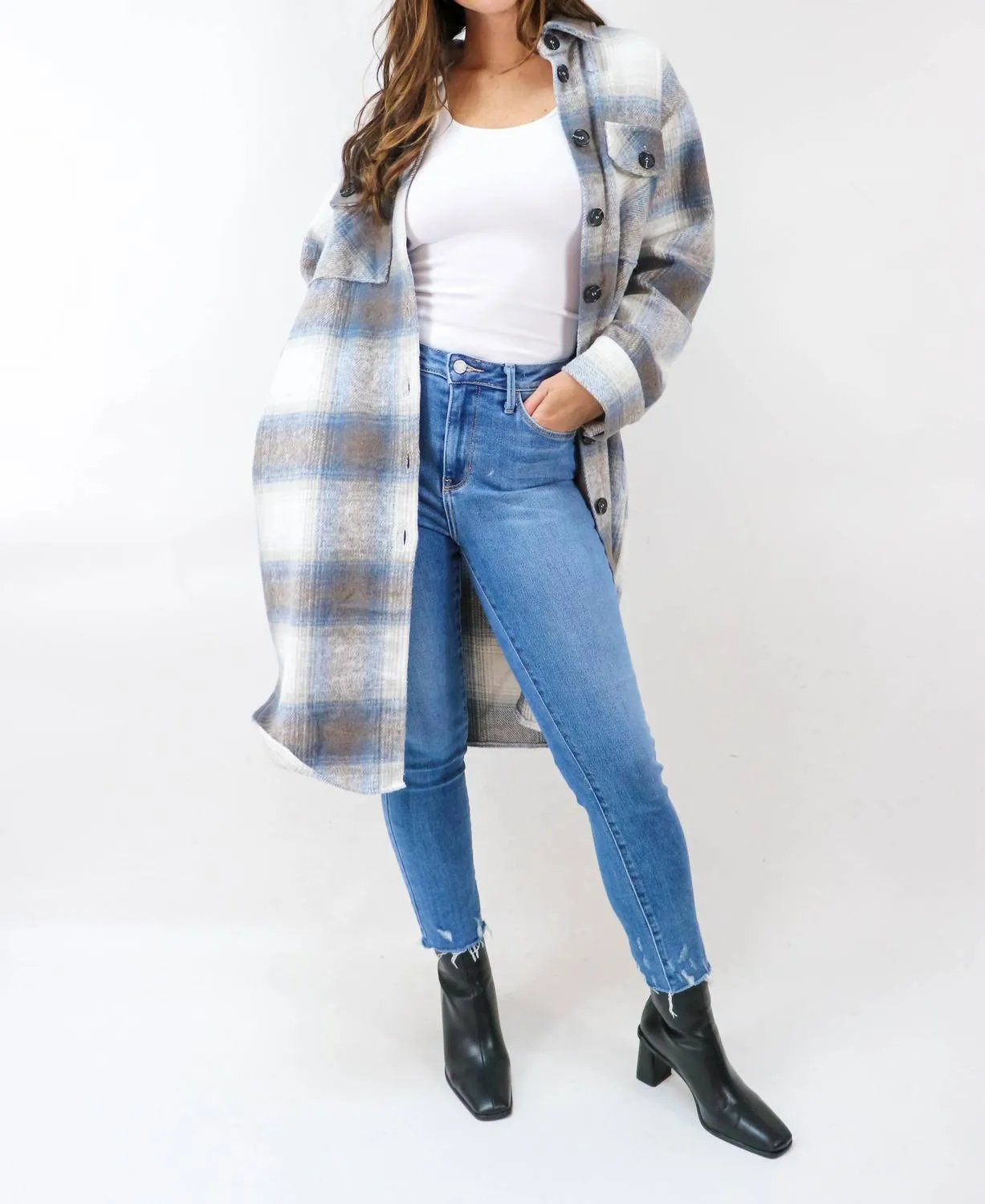 Soho Plaid Long Flannel Shacket in Blue