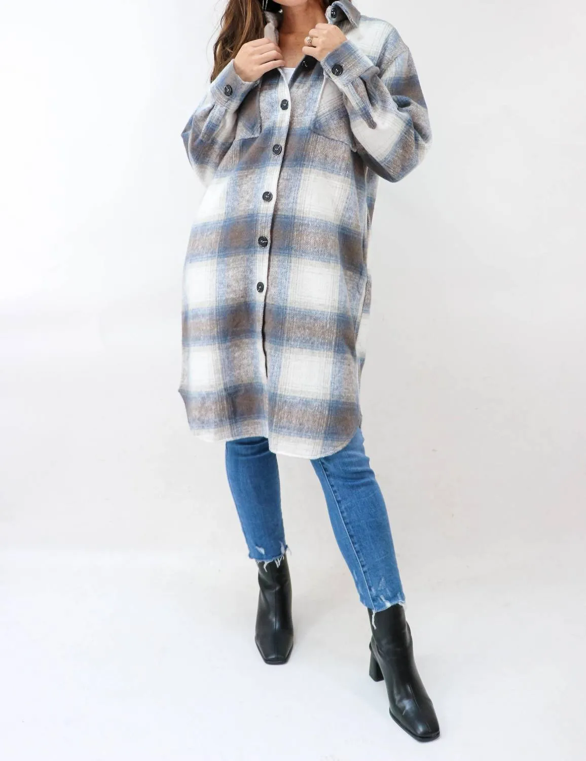 Soho Plaid Long Flannel Shacket in Blue