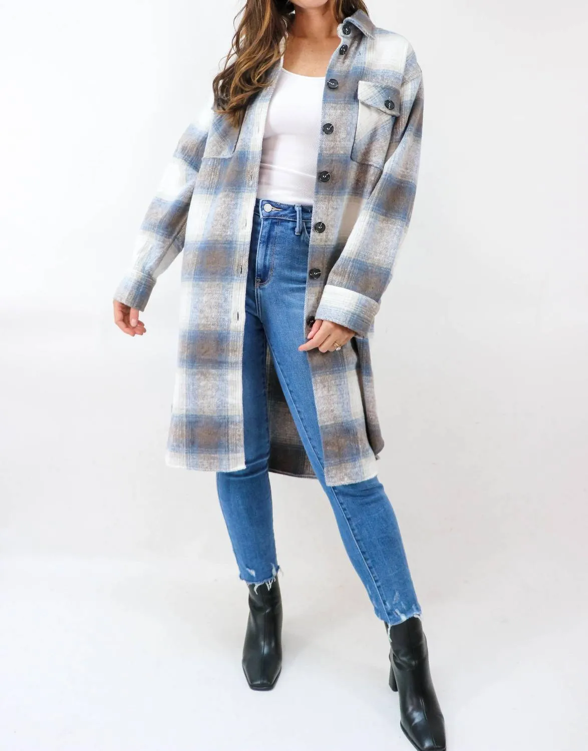 Soho Plaid Long Flannel Shacket in Blue