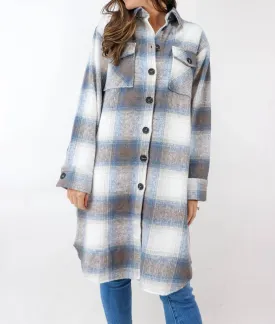 Soho Plaid Long Flannel Shacket in Blue