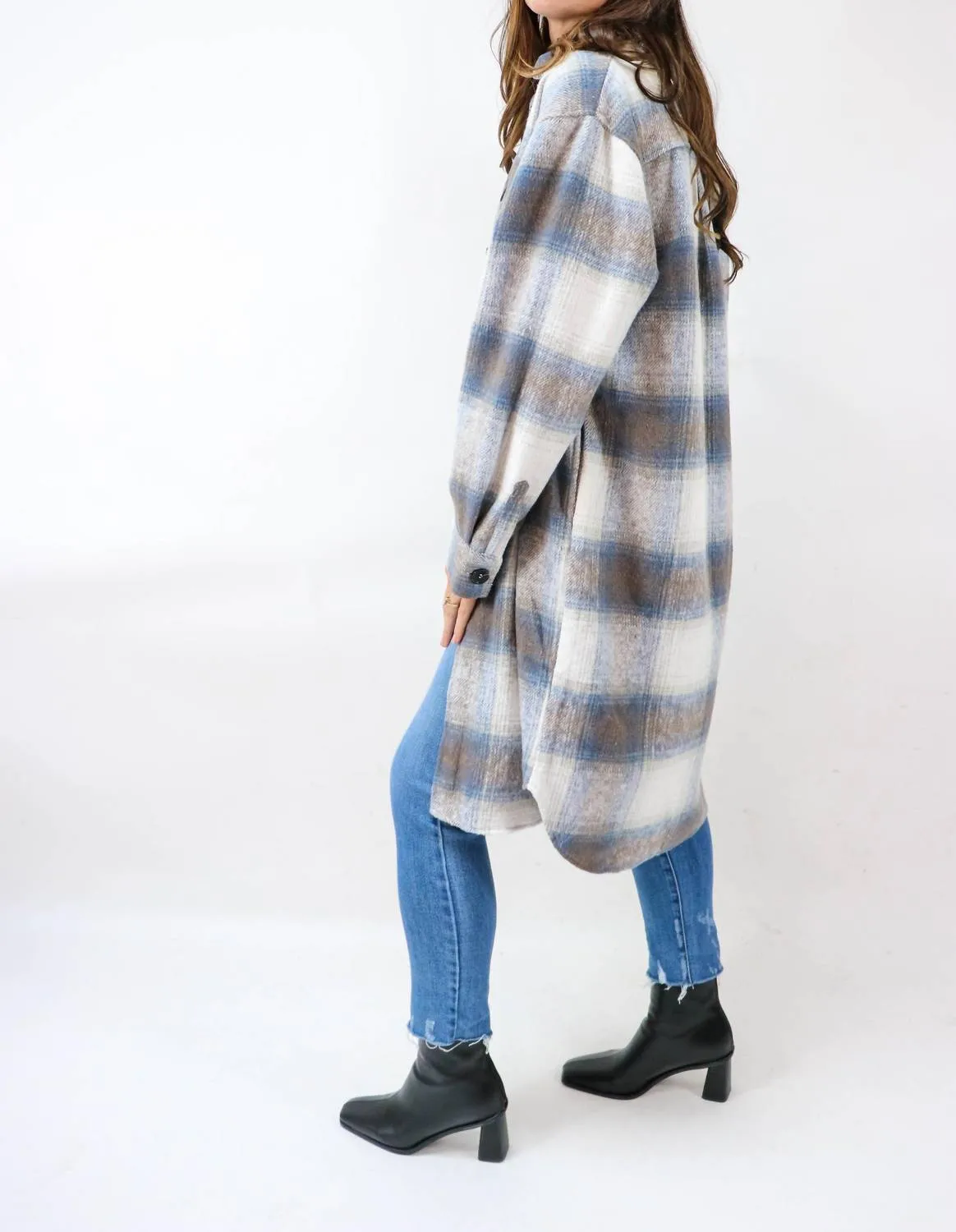 Soho Plaid Long Flannel Shacket in Blue