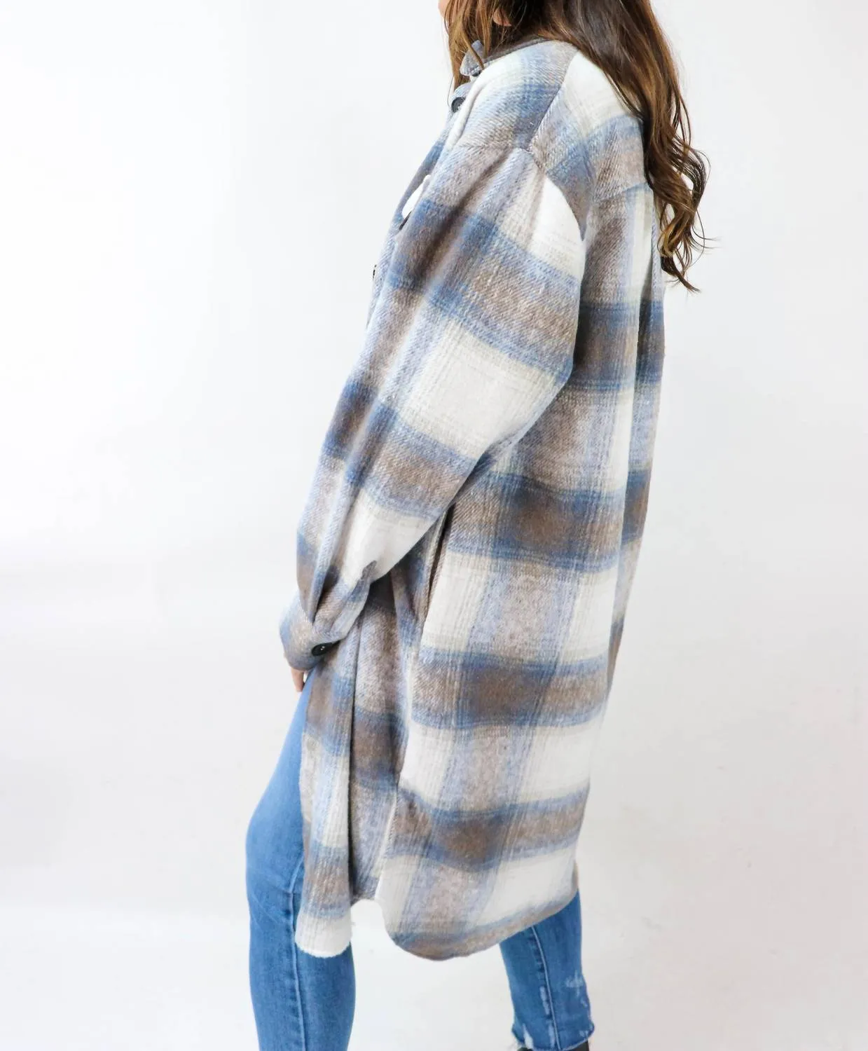 Soho Plaid Long Flannel Shacket in Blue