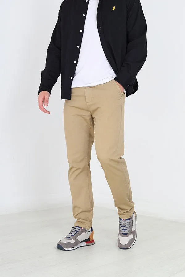 STONE COTTON TWILL CHINO TROUSERS