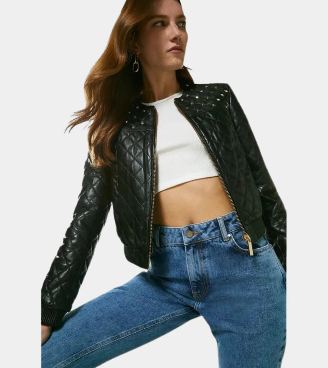 Studded Women’s Leather Bomber Jacket