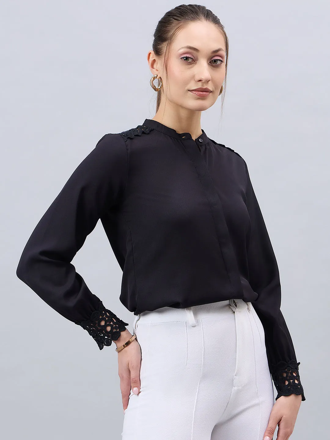 Style Quotient Women Black Solid Polymoss Regular Fit Formal Shirt