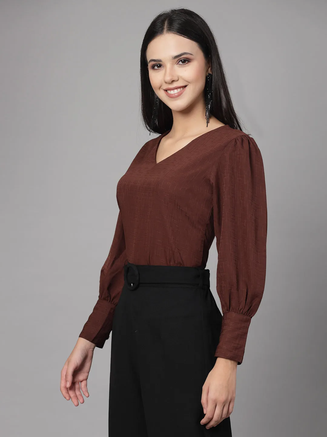 Style Quotient Women Brown Self Design Polyester Regular Smart Casual Top