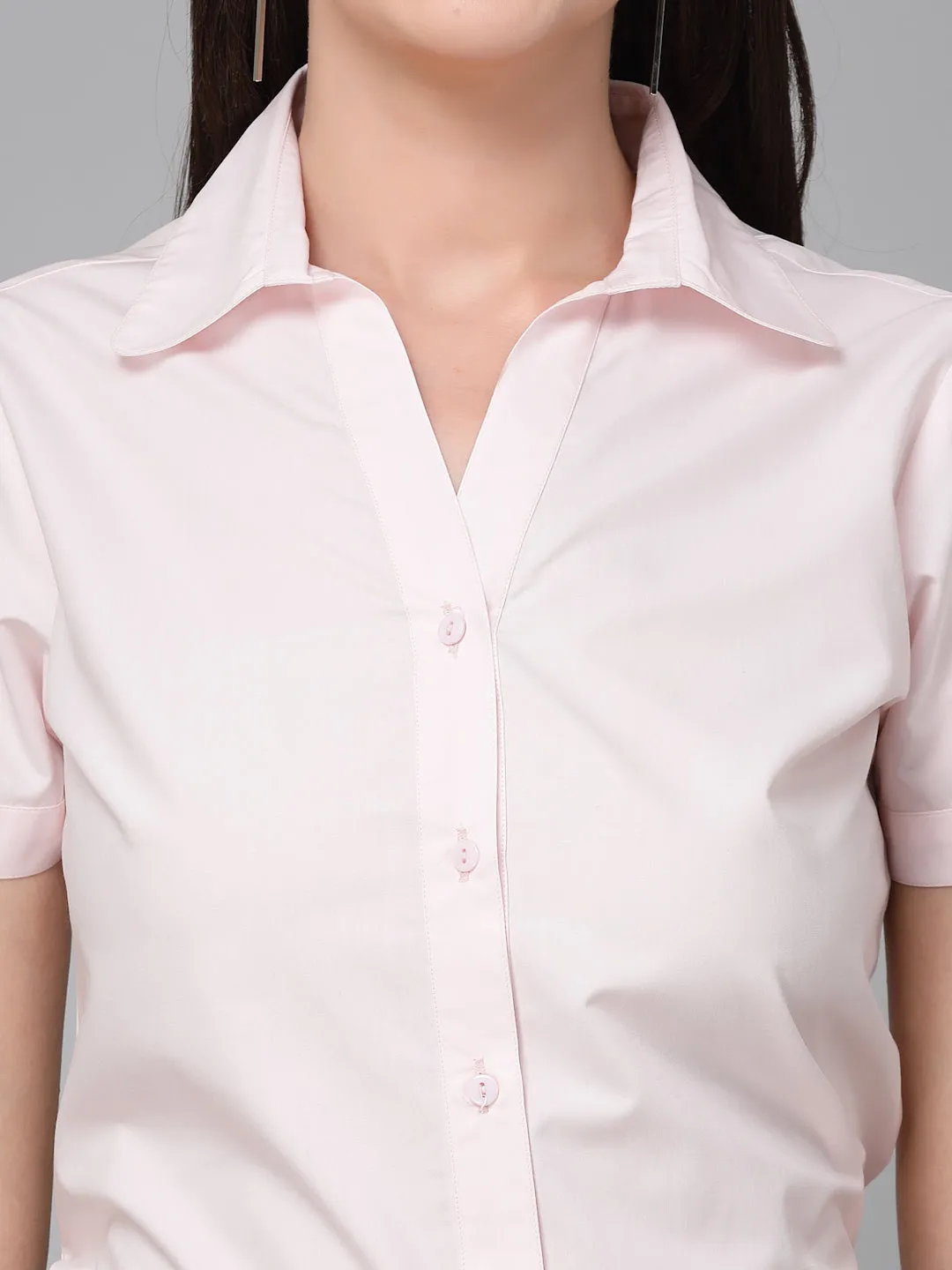 Style Quotient Women Light Pink Cotton Blend Formal Short Sleeve Shirt