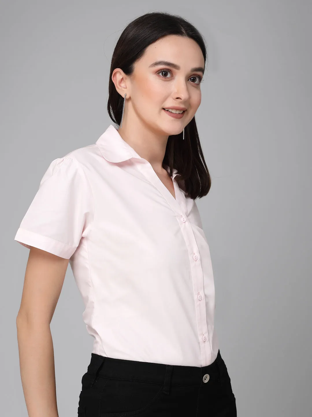 Style Quotient Women Light Pink Cotton Blend Formal Short Sleeve Shirt