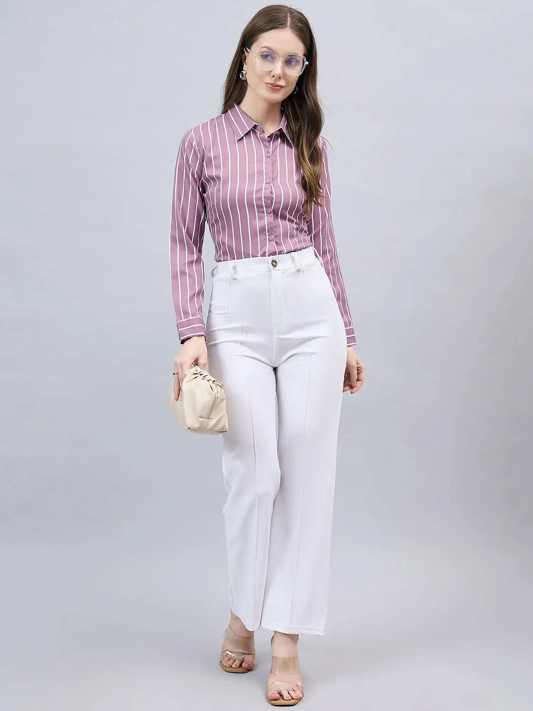 Style Quotient Women Mauve And White Stripe Printed Polyester Regular Fit Formal Shirt