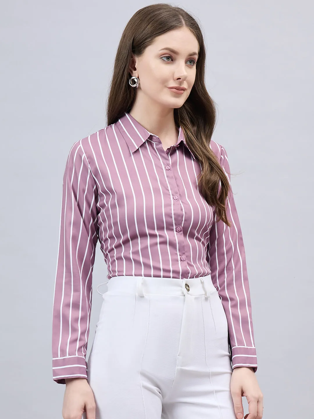 Style Quotient Women Mauve And White Stripe Printed Polyester Regular Fit Formal Shirt