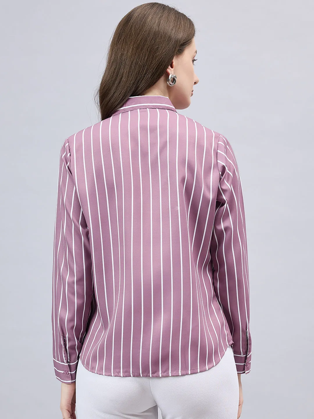 Style Quotient Women Mauve And White Stripe Printed Polyester Regular Fit Formal Shirt