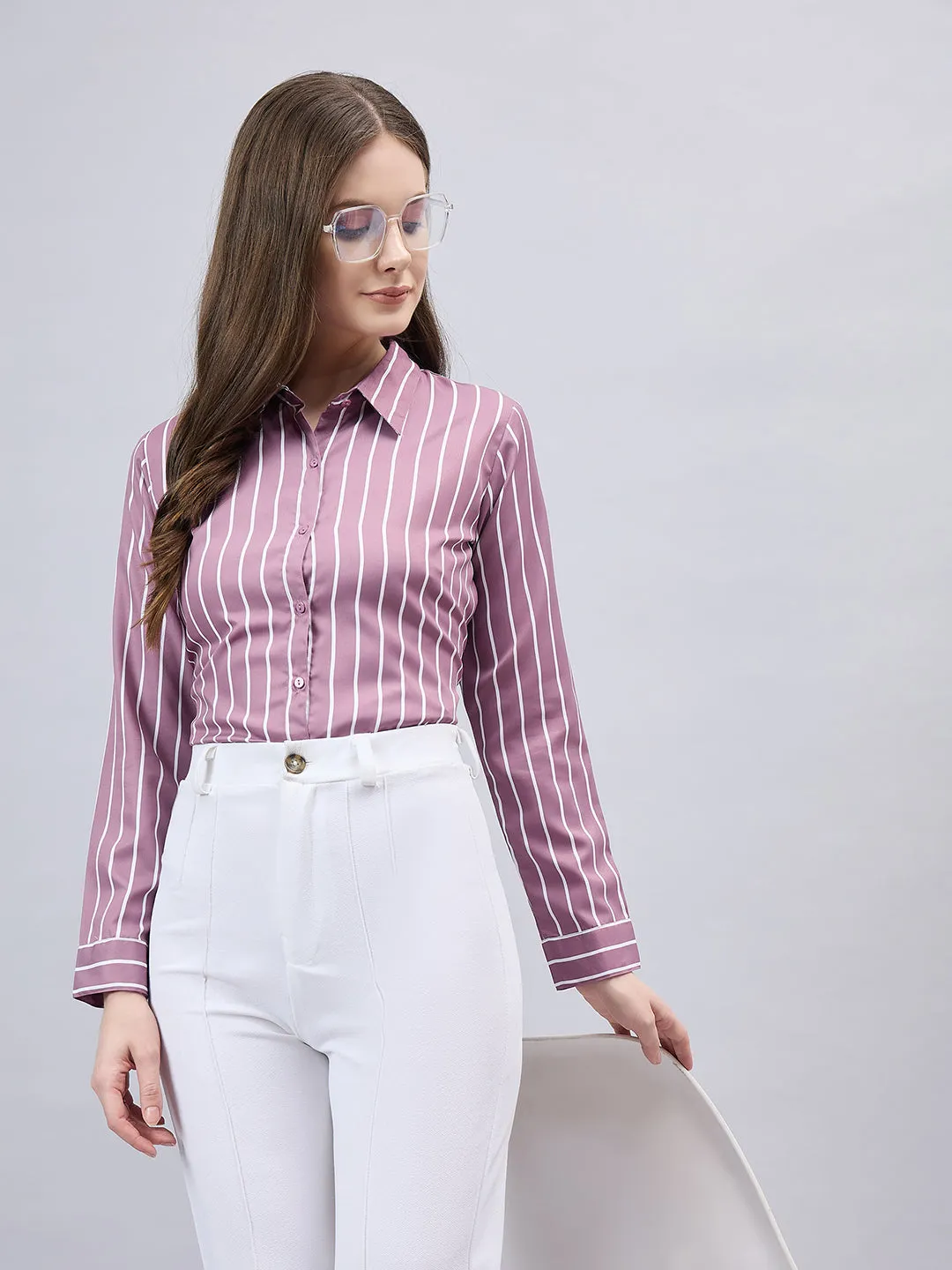 Style Quotient Women Mauve And White Stripe Printed Polyester Regular Fit Formal Shirt