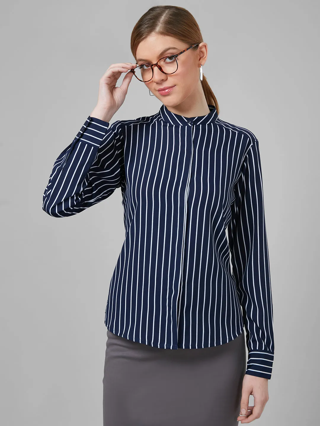 Style Quotient Women Navy And White Chalk Stripe Polyester Regular Formal Shirt