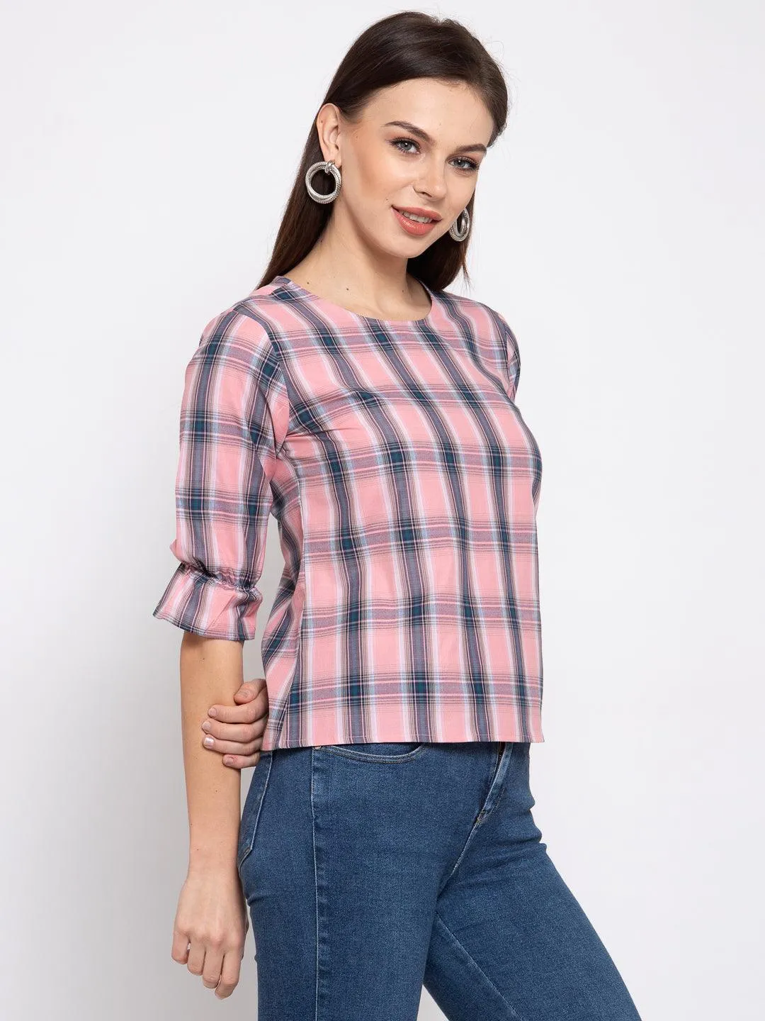 Style Quotient Women Pink And Multi Check Printed Cotton Smart Casual Top