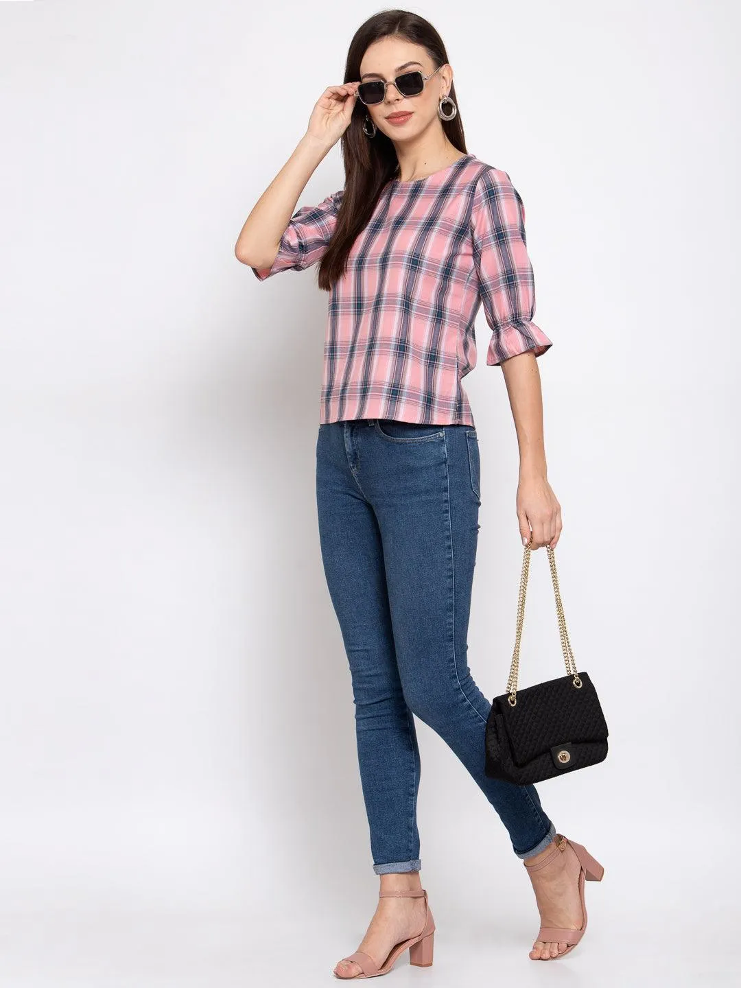 Style Quotient Women Pink And Multi Check Printed Cotton Smart Casual Top