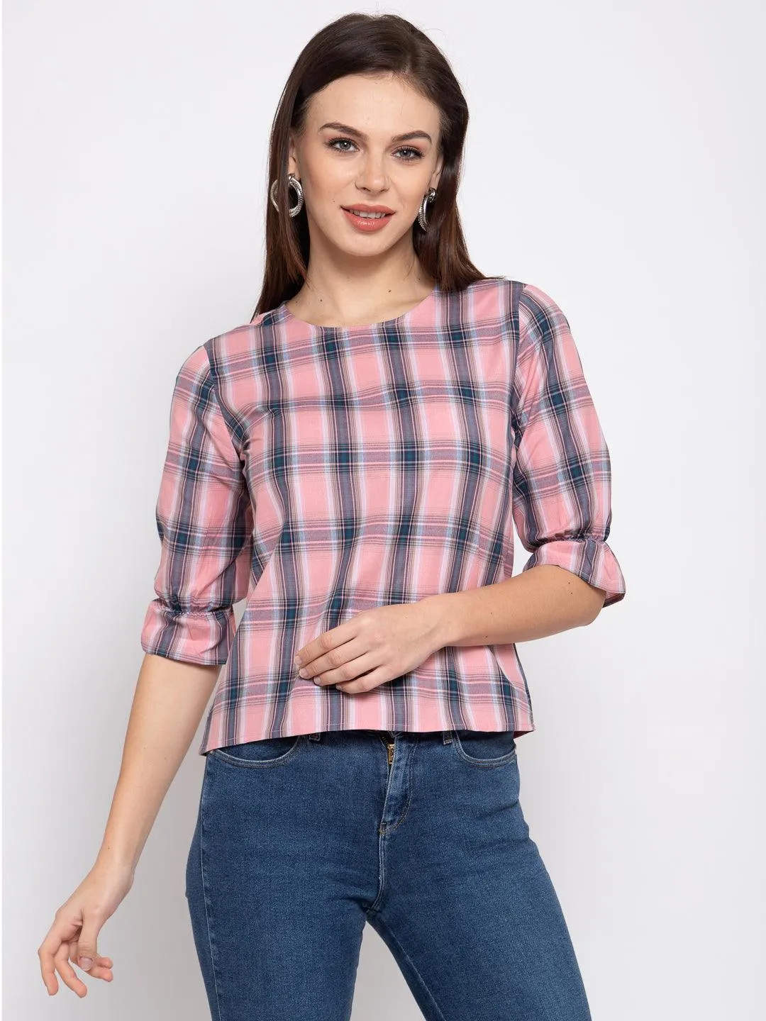 Style Quotient Women Pink And Multi Check Printed Cotton Smart Casual Top