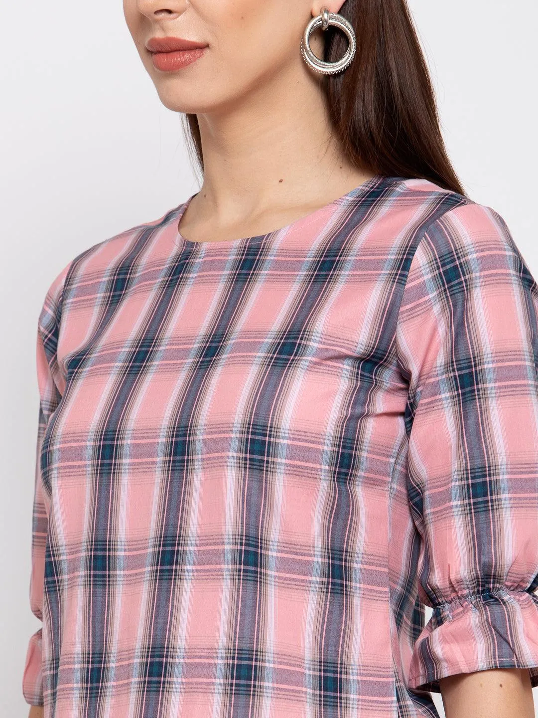 Style Quotient Women Pink And Multi Check Printed Cotton Smart Casual Top