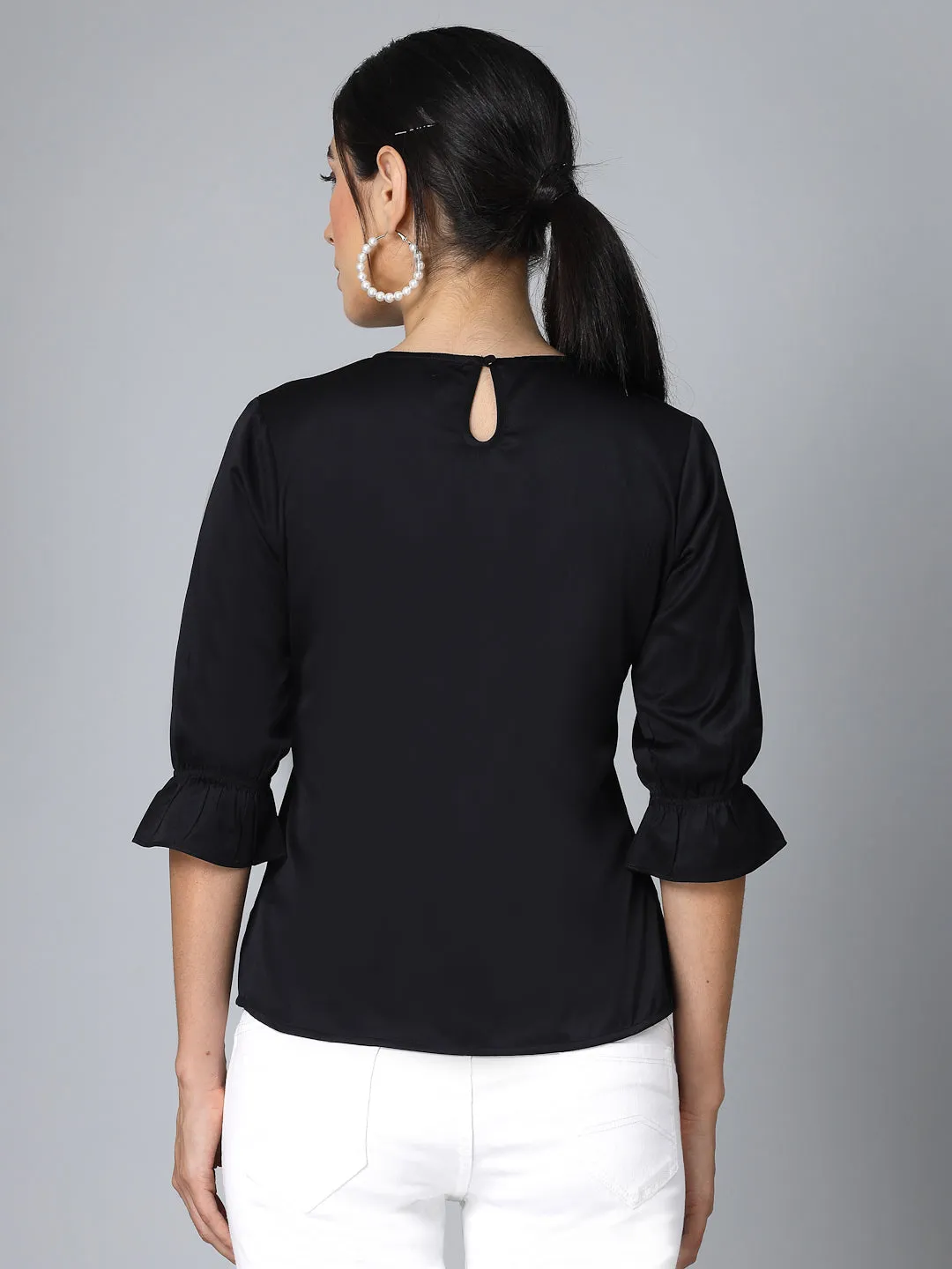 Style Quotient Women Solid Black Satin Smart Casual Regular Top