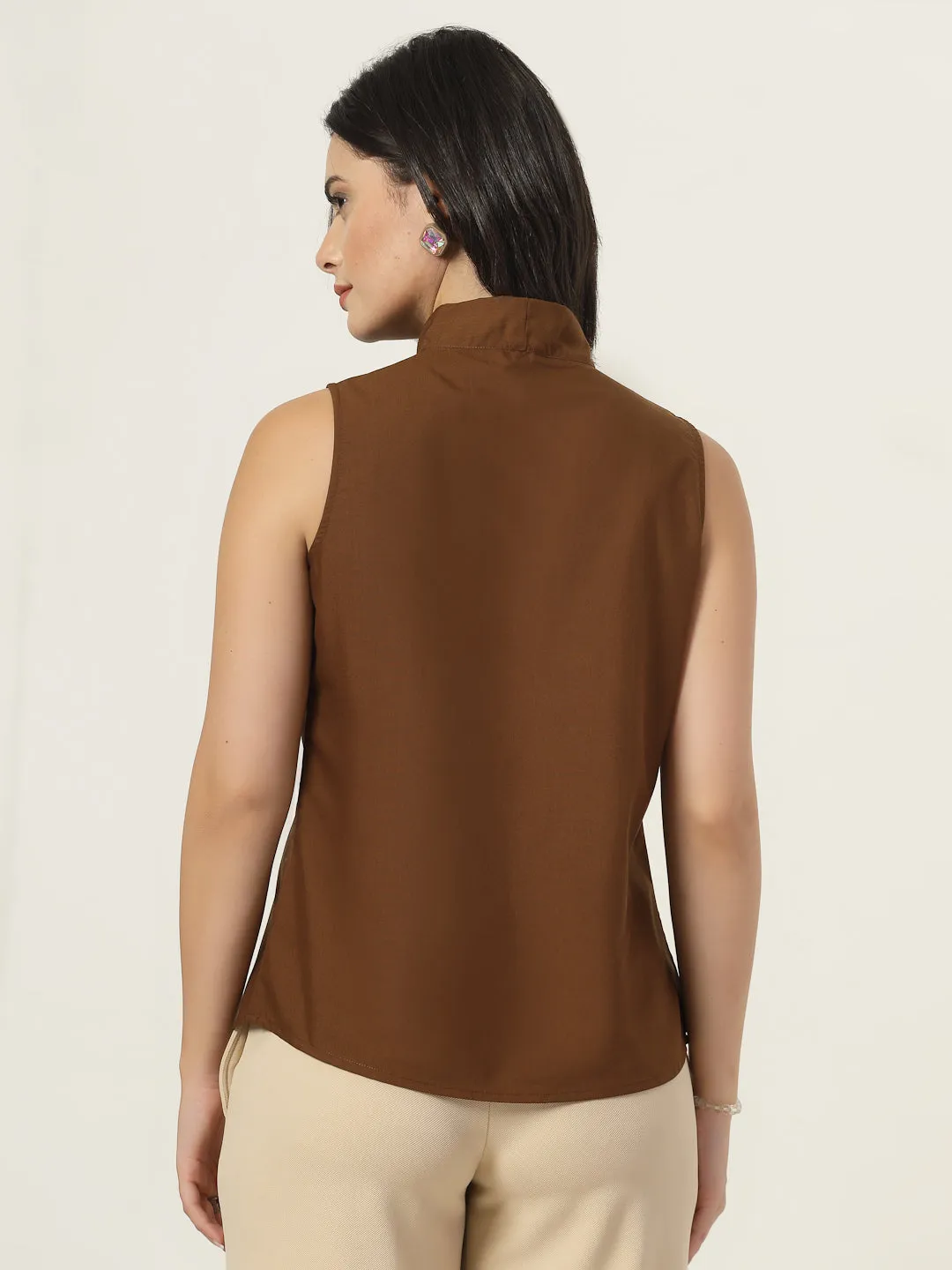 Style Quotient Women Solid Tan Polycotton Formal Top