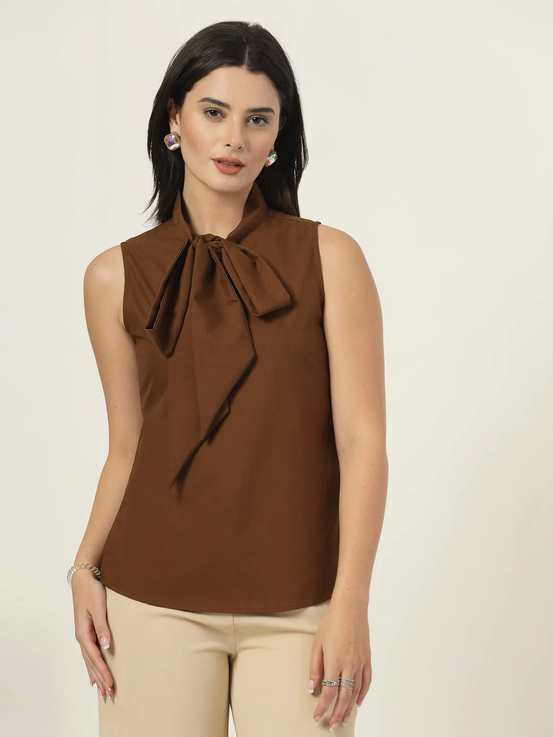 Style Quotient Women Solid Tan Polycotton Formal Top