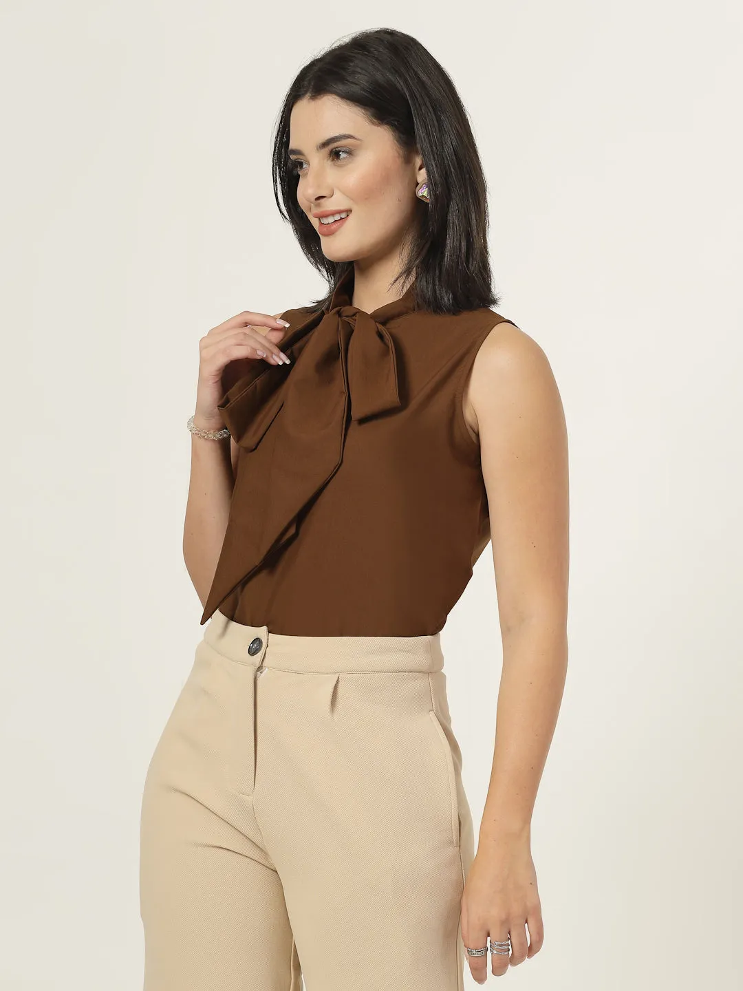 Style Quotient Women Solid Tan Polycotton Formal Top