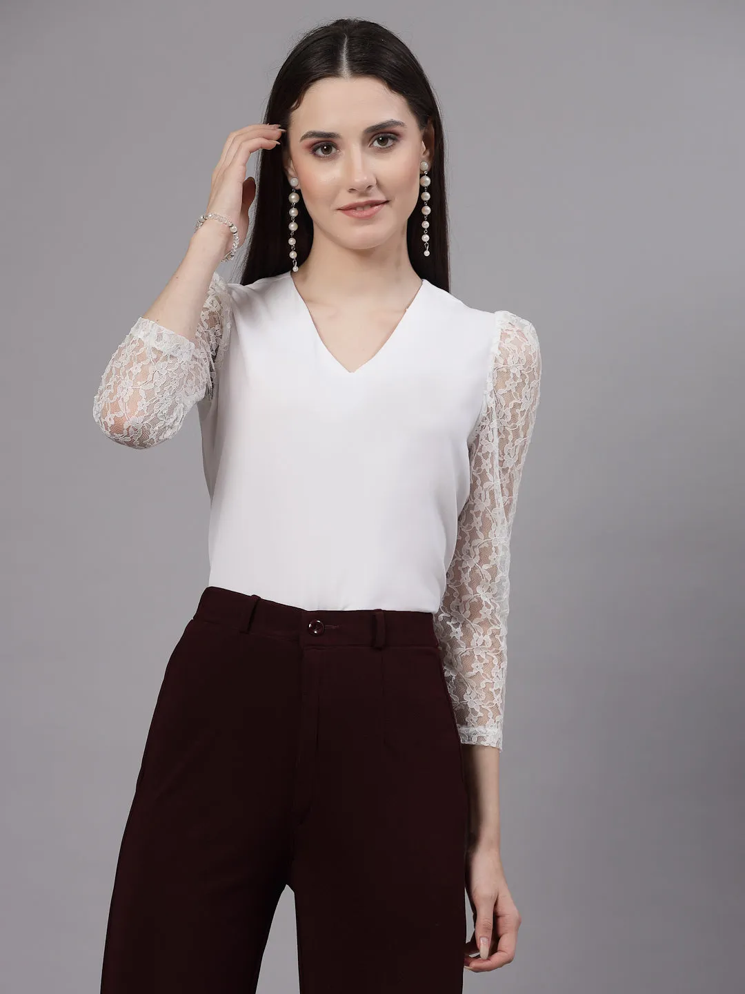 Style Quotient Women Solid White Polymoss Smart Casual Top